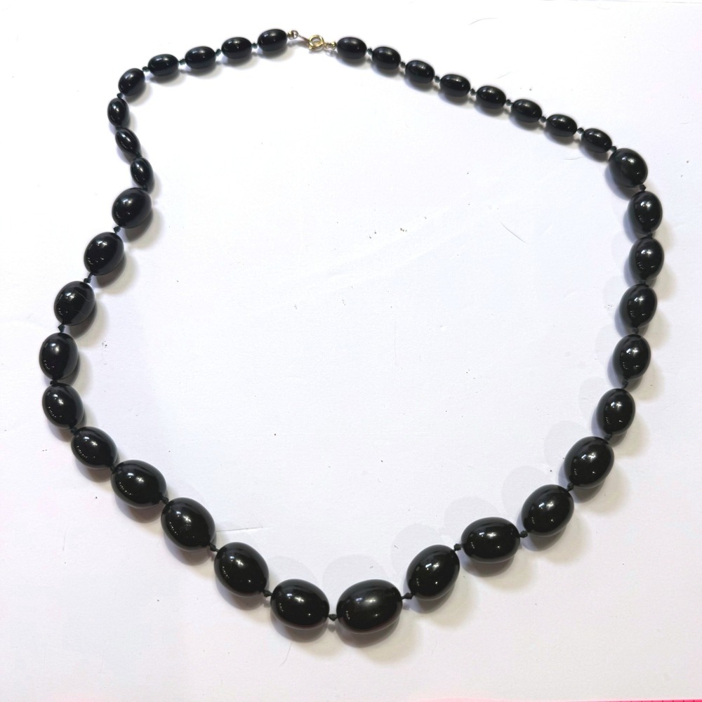 Vintage Trifari Black Oval Beaded Necklace Hand Knotted Gold Tone Clasp 28 Inch